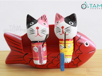 Bộ 2 mèo gỗ câu cá ngồi ghế cá chép 